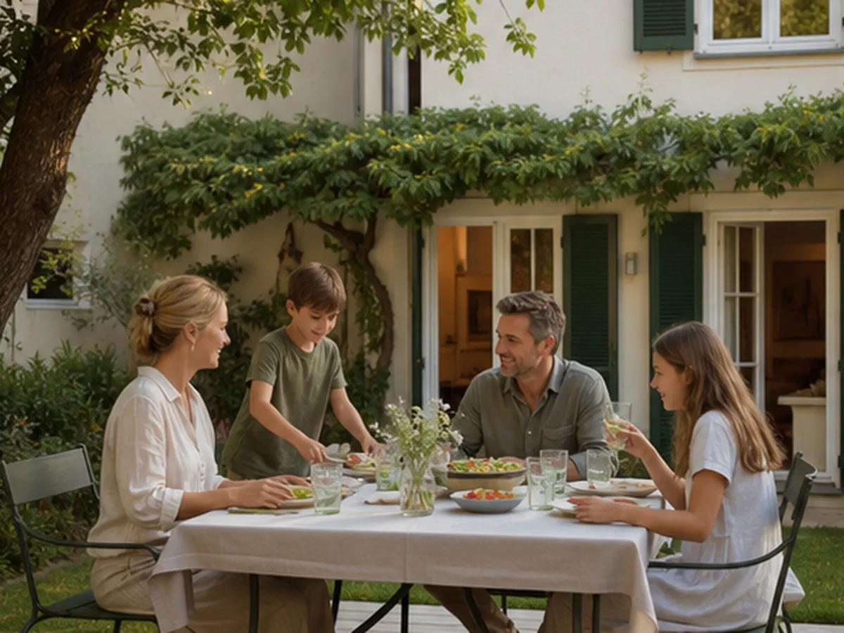 Garten mit Esstisch vor einem österreichischen Wohnhaus