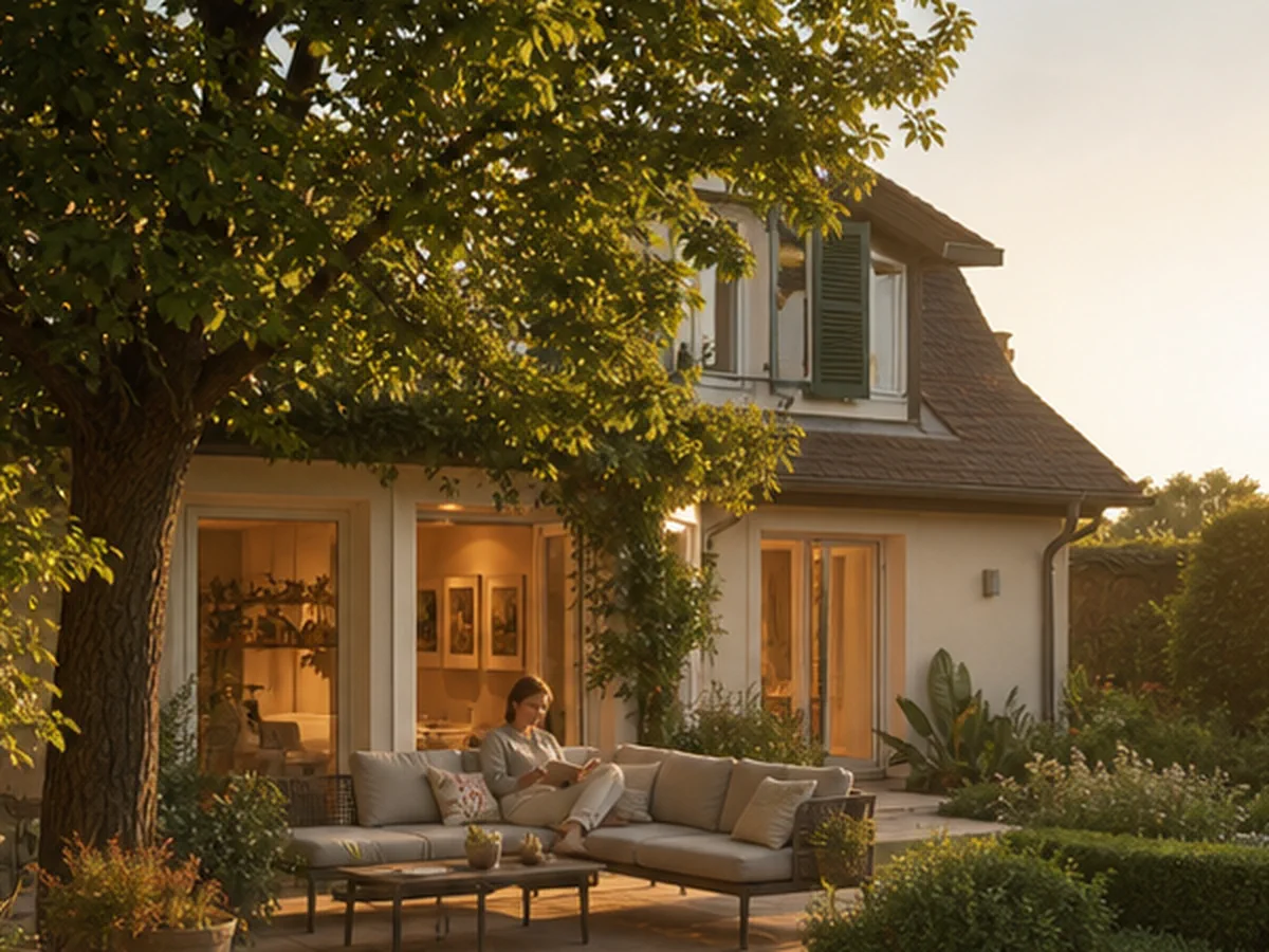 Wohnhaus mit Terrasse und Sitzbereich im Garten
