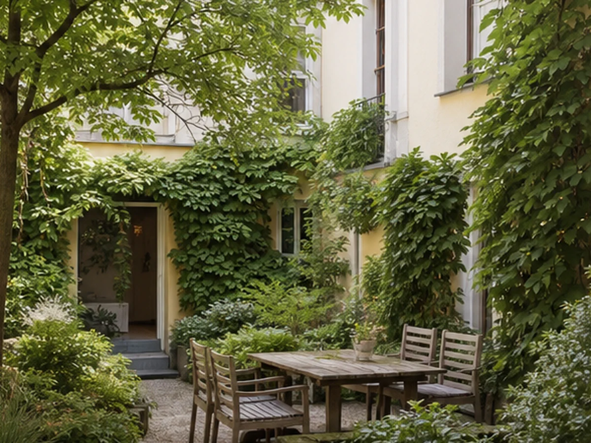 Begrünter Innenhof mit gemeinschaftlichem Sitzbereich